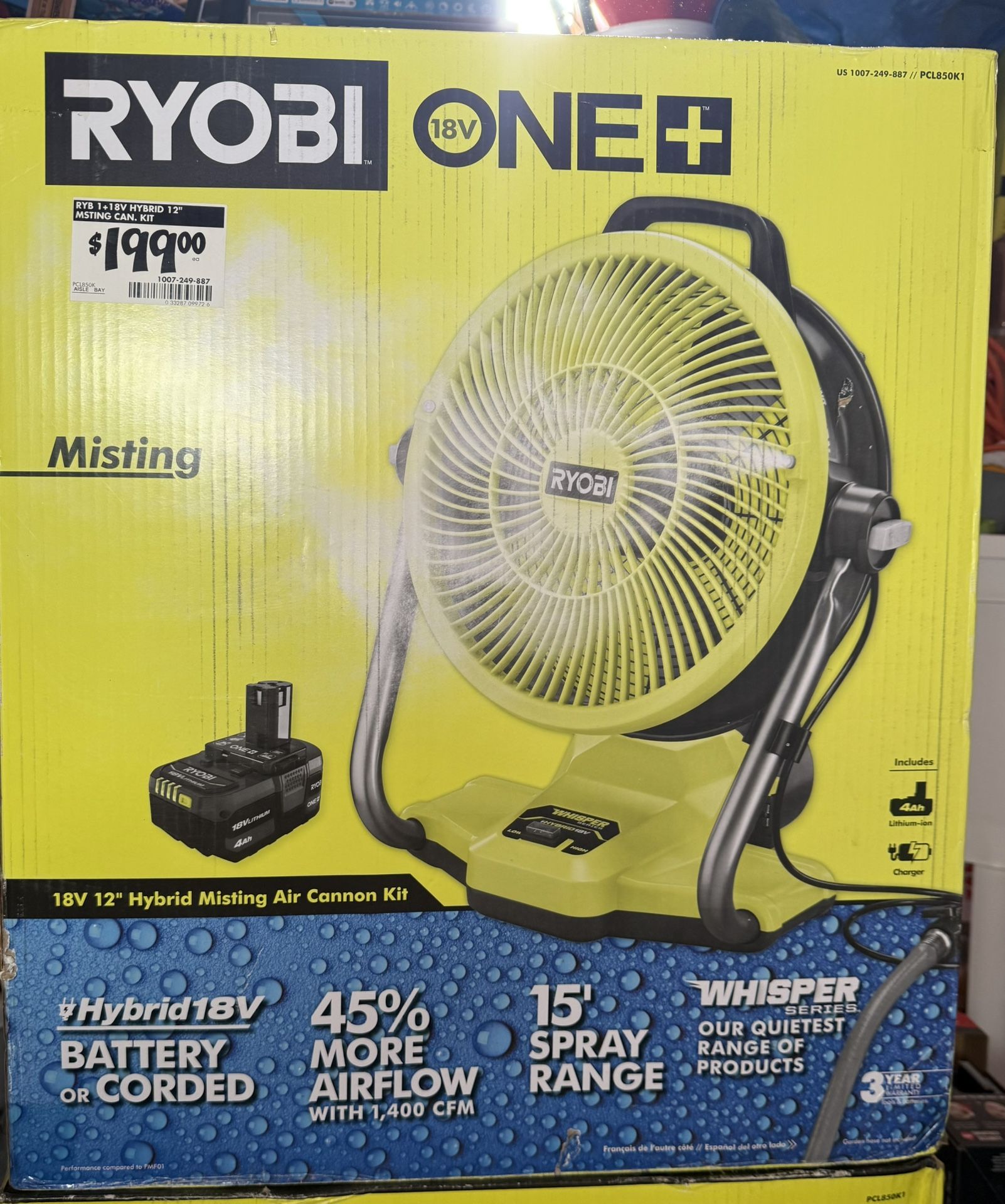NEW In Box RYOBI Hybrid 18v Misting Fan