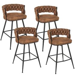 34.25 in. Braided Bar Stools Set Counter Height Kitchen Island Stools w/ Back Support, Brown Metal Bar Chairs (Set of 4)