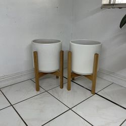 White Ceramic Cylinders Pots-Modern Garden Planters-($55 each with wood stand)