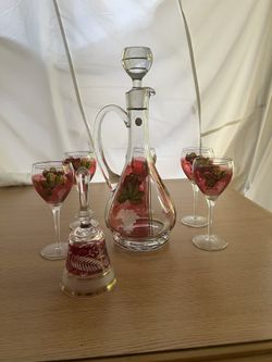 Vintage Ruby Flash Green Painted Leaf Gray Etched Pattern Decanter & Five Glasses And Bell