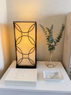 Black Metal Circle Table Lamp with Linen Shade - Nightstand Accent Lamp