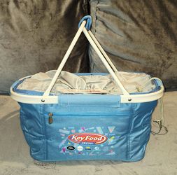 NWT PICNIC TIME RETRO INSULATED PICNIC / SHOPPING BASKET OR USE AS COOLER COLLAPSIBLE WITH DRAWSTRING