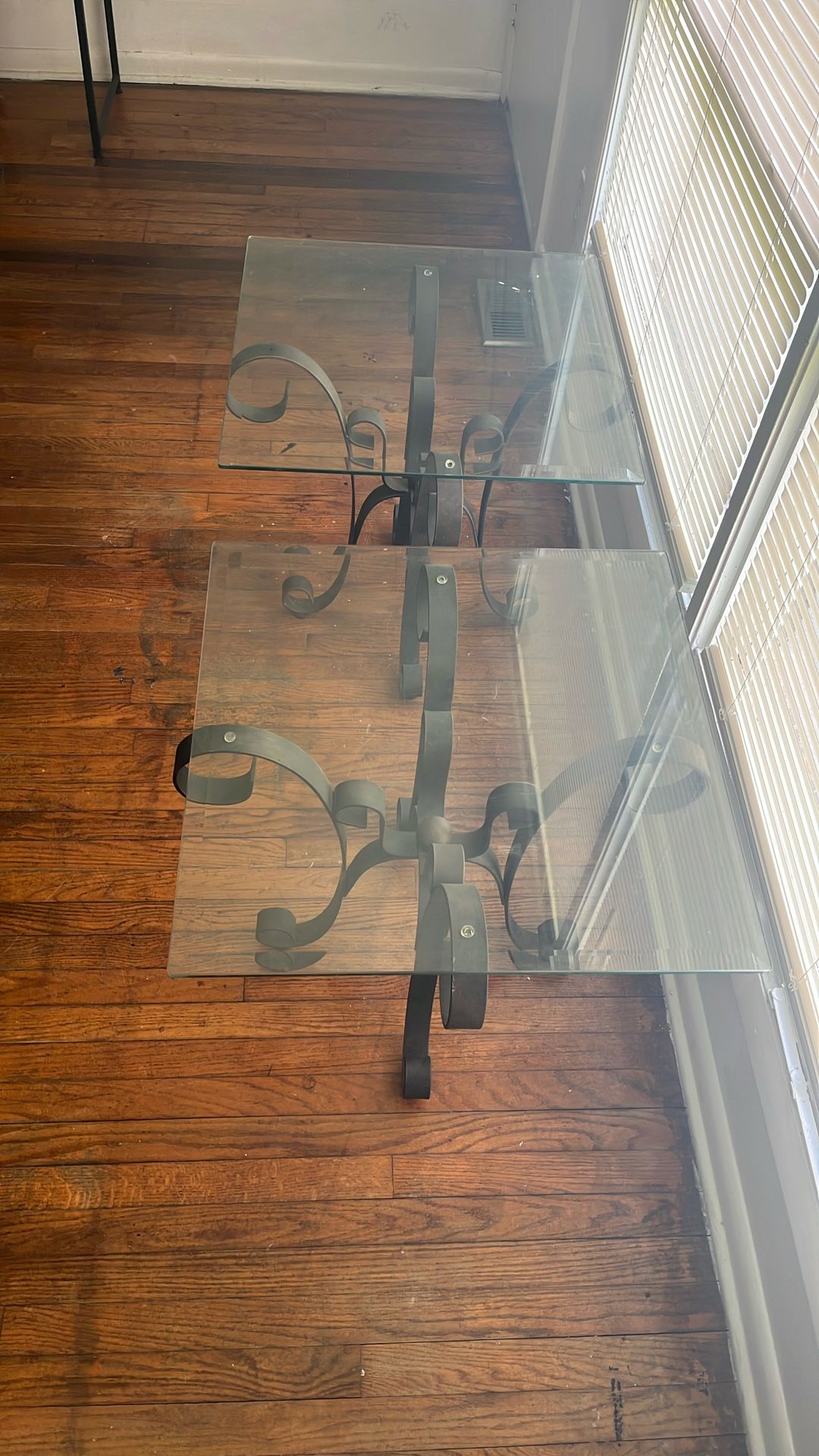 Matching Glass & Metal End Tables — Antique Design