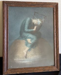 GEORGE FREDERIC WATTS FRAMED PRINT 1920'S ❖HOPE❖ WOMAN ON GLOBE