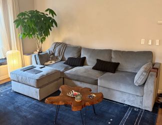 Lovesac Modular Sectional Couch & Ottoman & Wood Drink Holders