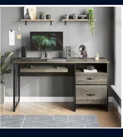 55 in. Desk with 2 Drawers Industrial Style Office Desk with Keyboard Tray Dark Retro Grey Oak