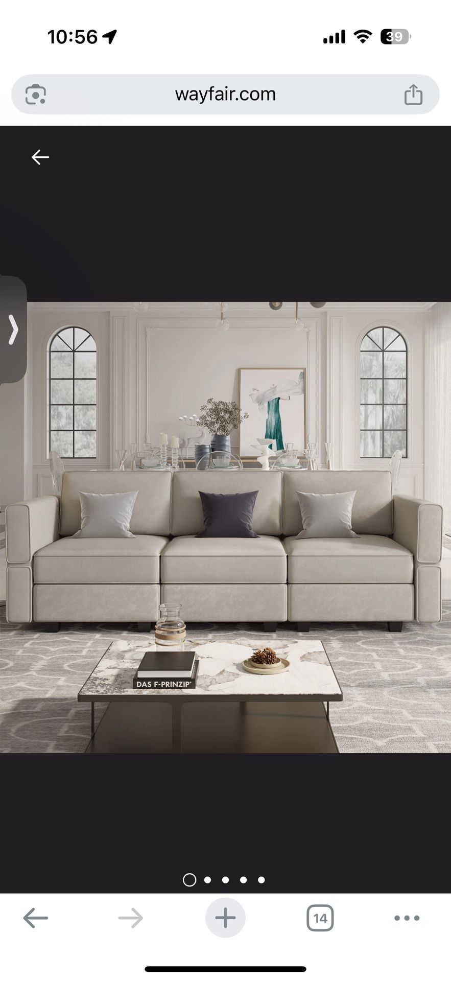 Sofa Couch Grey Velvet 90.2'' Wide Upholstered Modular Sectional Sofa 5-Piece 3-Seat Velvet