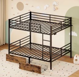 Twin Over Twin Metal Bunk Bed with 2 Storage Drawers Charging Station, Stable Square Tube Frame, Converts to Separate 2 Twin Beds, Full Safety Guardra