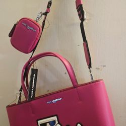 NEW! KARL LAGERFELD PINK BAG W GUITAR STRAP AND SMALL MATCHING POUCH