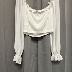 White Long Sleeve Crop Top Blouse 