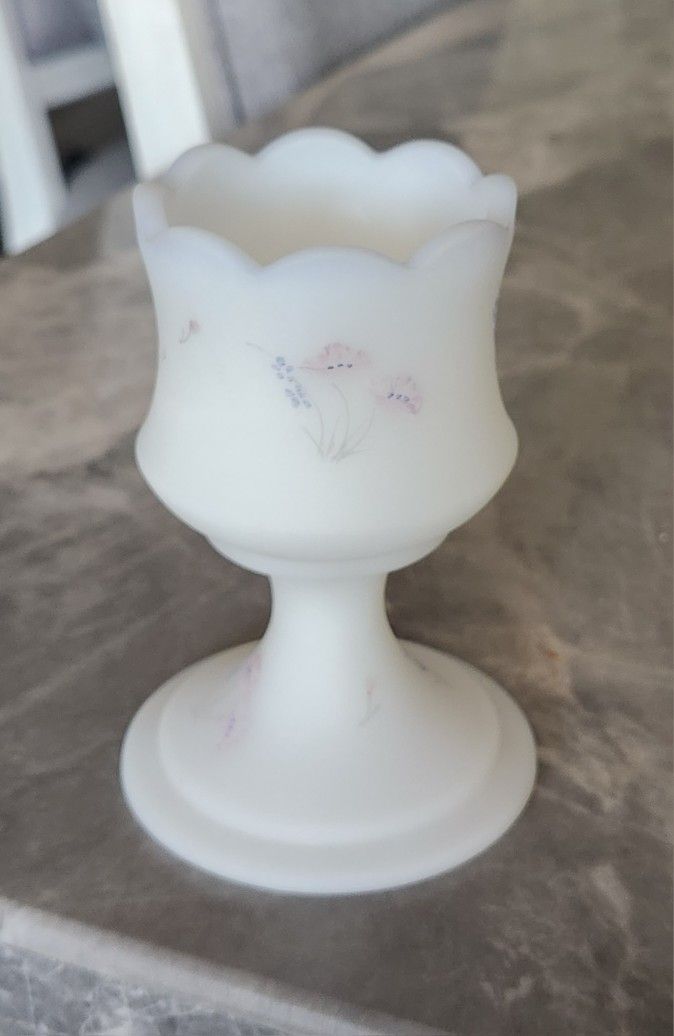 Vintage Fenton Opal Satin Berries And Blossoms Candle Holder Hand Painted Signed