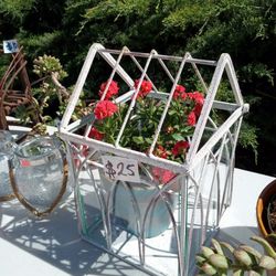 VINTAGE METAL WITH GLASS PANELS TERRARIUM WITH POTTED PLANT 