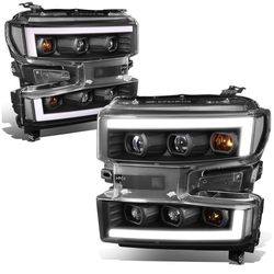 DNA MOTORING HL-LB-CSIL19-BK-CL1 Pair of LED Light Bar Quad Projector Headlights Compatible with 19-21 Silverado 1500, 2022 Silverado 1500 LTD WT/Cust