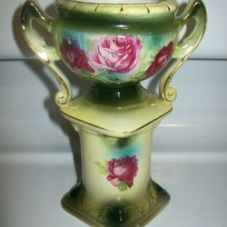 Antique Austrian Vase Urn 1920's Austria Hand Painted Roses On Pedastal