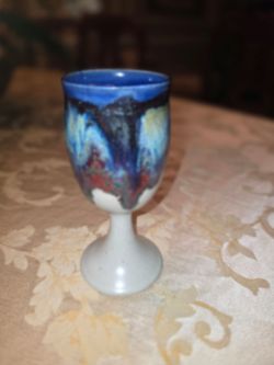 Mangum Blue Brown & Gold Ceramic Glazed Pottery Goblet 7.25 Inch
