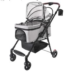 New Foldable Pet Stroller for Small Dogs and Cats, Gray with Canopy Cup Holder and Storage Basket