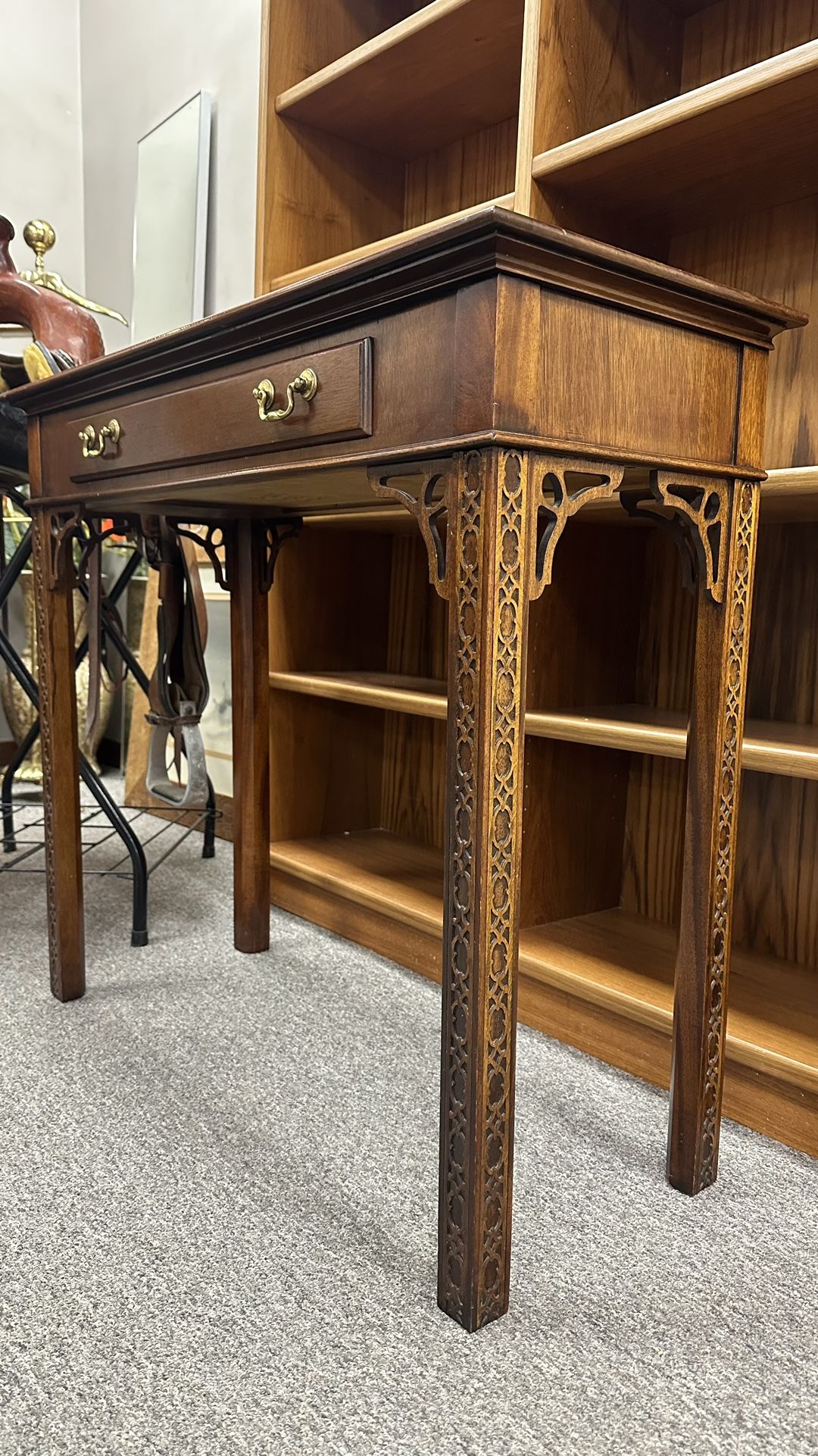 1970s Chippendale Walnut Burl Console Table with Fretwork and Banded Top