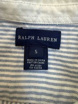 Ralph Lauren Girls Size 5 Blue White Striped Oxford Shirt Dress Crest Roll Tab S