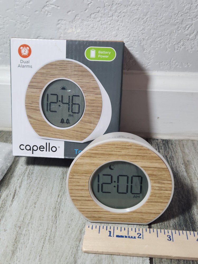 Capello Alarm Table Clock- Wood Modern Look, Battery Operated Written Messages 

Size: 3 x 3 x 2 inch, wooden style finished 

Open box,  never used. 