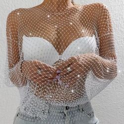  FISHNET WITH RHINESTONE WHITE TOPS 