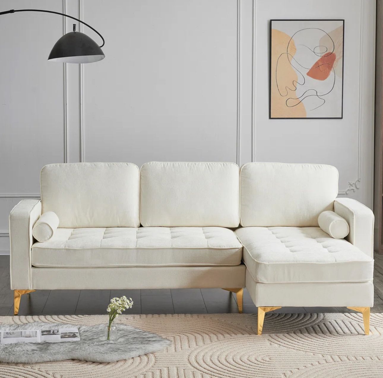 Cream Chenille Sectional w/ Chaise Lounge