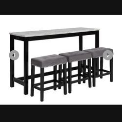NIB -  CELEST FAUX MARBLE THEATER TABLE & 3 GRAY BARSTOOLS 