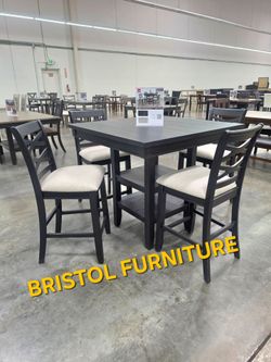 🪙 Dining Set 5 Pc, Counter Height, Black and Light Gray Color, Fabric Upholstered, New In the Box.