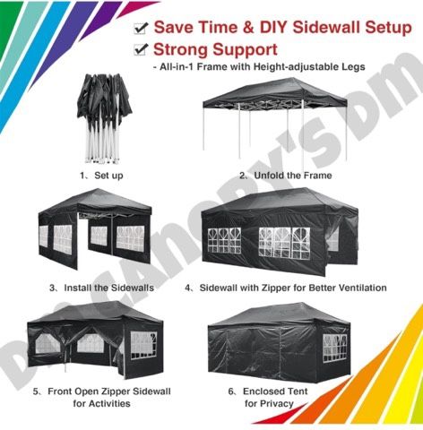 Instahibit 10 x 20 foot foldable awning for outdoors, for weddings, parties, closed awning with side walls, transport bag, Black Color 