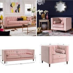 Pink Velvet Tufted Sofa With Matching Loveseat (New)