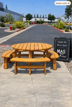 New 8 Person Wooden Round Picnic Table Set with 4 Built-in Benches and 2" Umbrella Hole