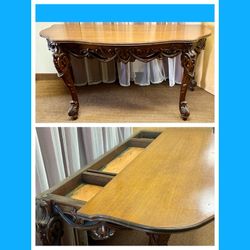 Vintage Carved Sofa Console Table with slide out top hidden compartments. 