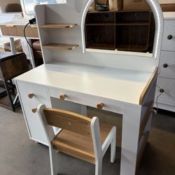 Kids Vanity with Lights, Princess Makeup Vanity Desk with Open Bookshelf, Storage Cabinet & Shelves, 2 in 1,White(16"D x 31.5"W x 41.4"H)