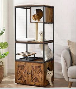 58" Cat Condo with Litter Box Enclosure and Elevated Bowls