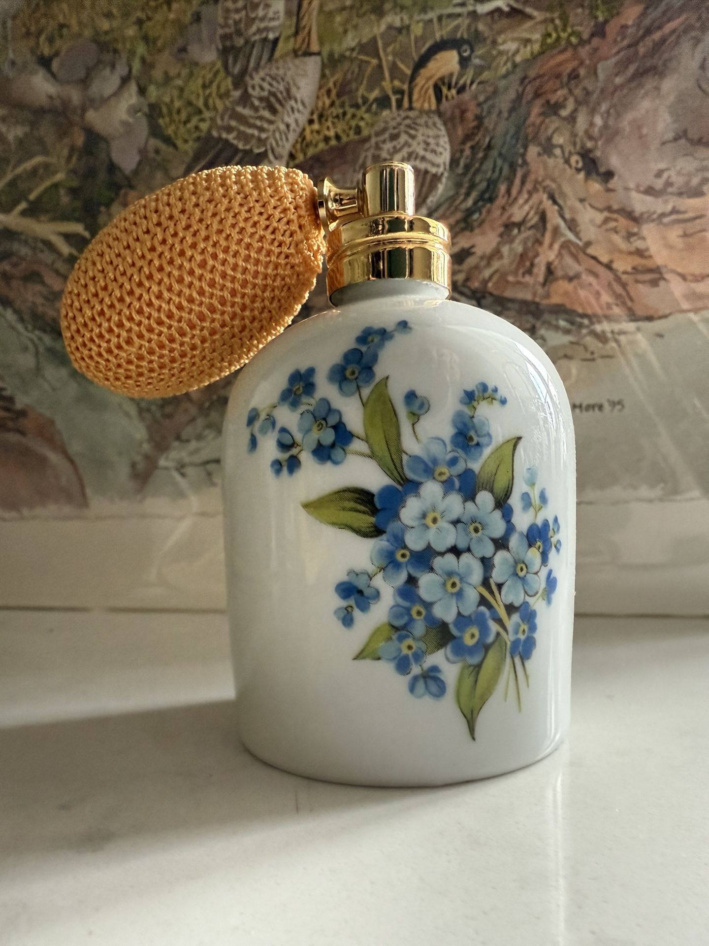Vtg Perfume Bottle with Working Atomizer Porcelain Blue Flowers Royal PORZELLAN KPM Germany