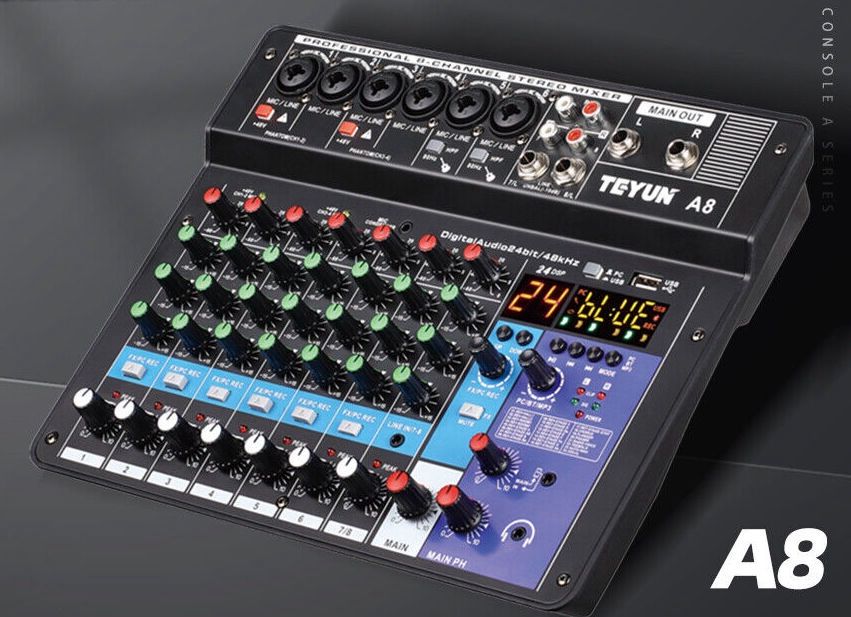 NEW Audio Mixer, 8 Channel, Mixer Console Build-in 24 DSP Effects, 48V Phantom Power for Karaoke Streaming !