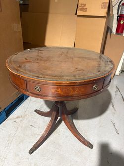 Vintage Round Inlaid Wood Side Table with Brass Feet