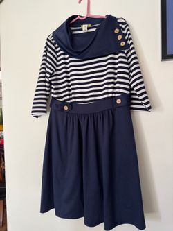 Navy Striped Cowl Neck Dress with Buttons