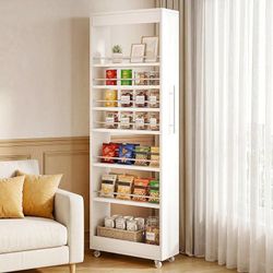 73" Tall Slim Storage Cart on Wheels, 7-Tier Narrow Pantry Cabinet, Rolling Skinny Spice Rack Organizer Next to Fridge, Wooden Pull-Out Storage Shelf 