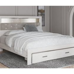 White King Upholstered Bookcase Bed with Storage