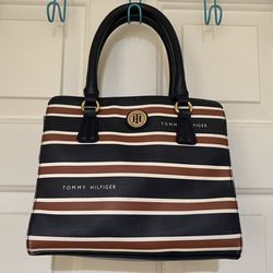 Tommy Hilfiger Navy Blue, Brown, and White Stripe Tote Handbag