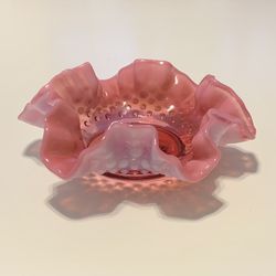 Vintage FENTON GLASS 6.5" Pink & White Cranberry Ruffled Opalescent Hobnail Bowl