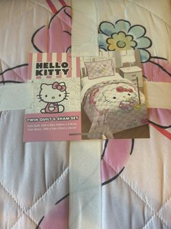 NEW HELLO KITTY SET Quilt Comforter BED Cover Sham TWIN Cute Flower Daughter Girl Bedding