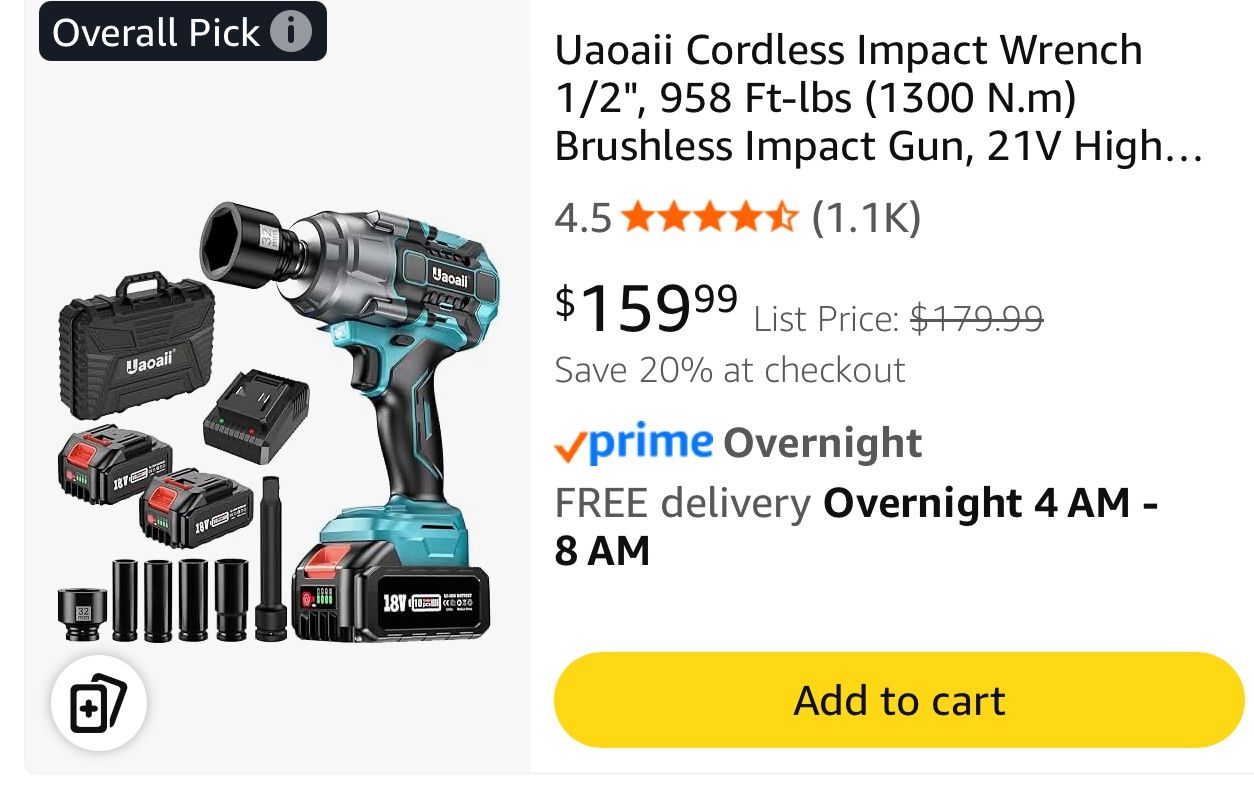 Cordless Impact Wrench 1/2", 958 Ft-lbs (1300 N.m) Brushless Impact Gun, 21V High Torque Impact Driver with 2x 5.0Ah Batteries, Variable Speed for Car