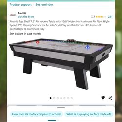 Atomic Top Shelf 7.5’ Air Hockey Table with 120V Motor for Maximum Air Flow, High-Speed PVC Playing Surface for Arcade-Style Play and Multicolor LED 
