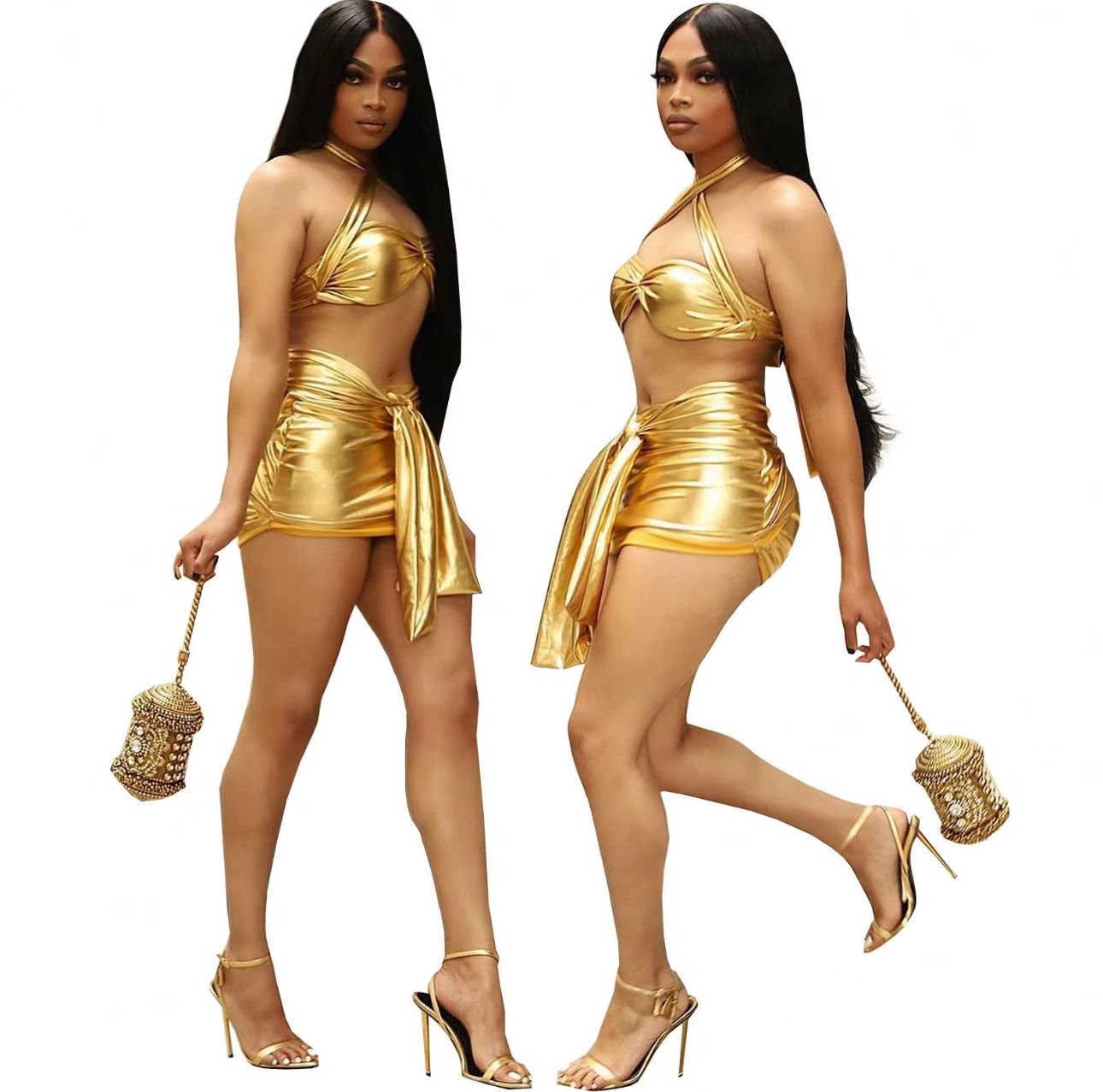 Sexy Metallic Two Piece Sleeveless Halter Top and Bandage Mini Skirts Set