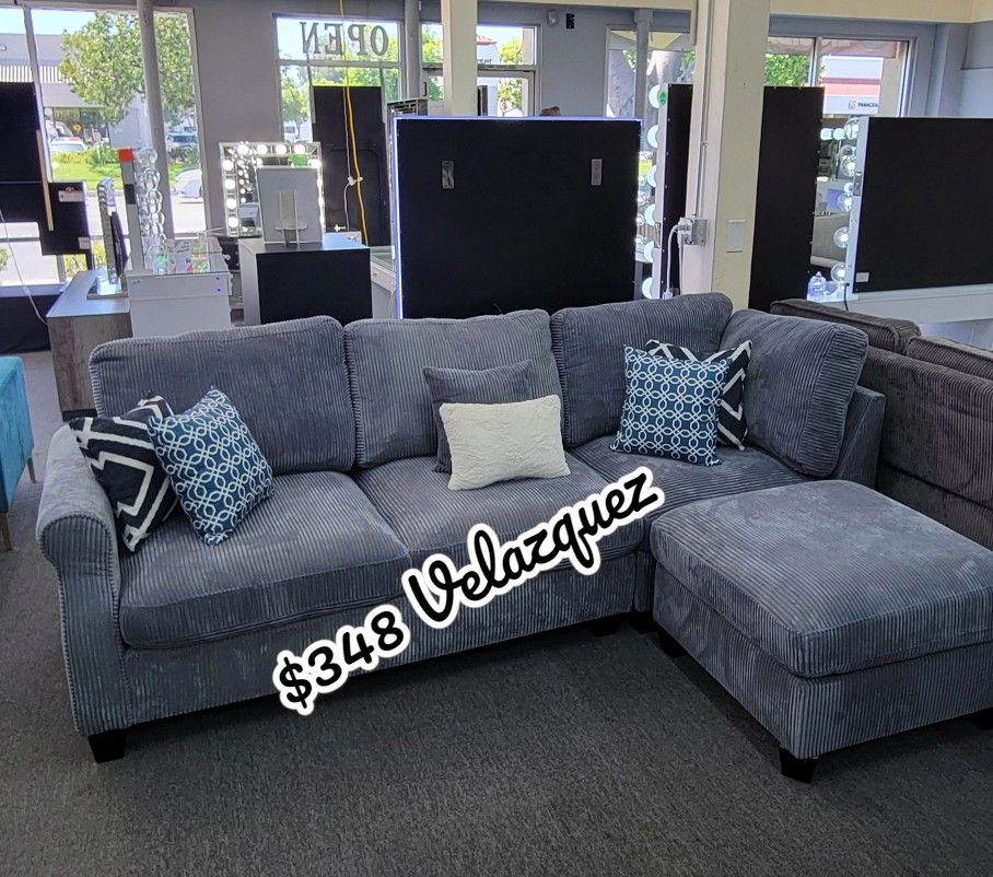 ✅️✅️ 3 pc Dark grey, corduroy sectional fabric upholstered sectional sofa with ottoman ✅️✅️