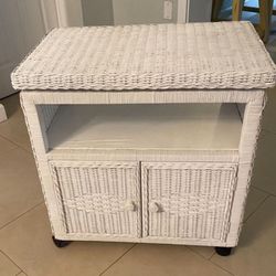 White Wicker Rolling Swivel Cabinet