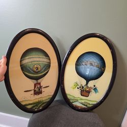 Pair of Antique Reverse Glass Hot Air Balloon Paintings