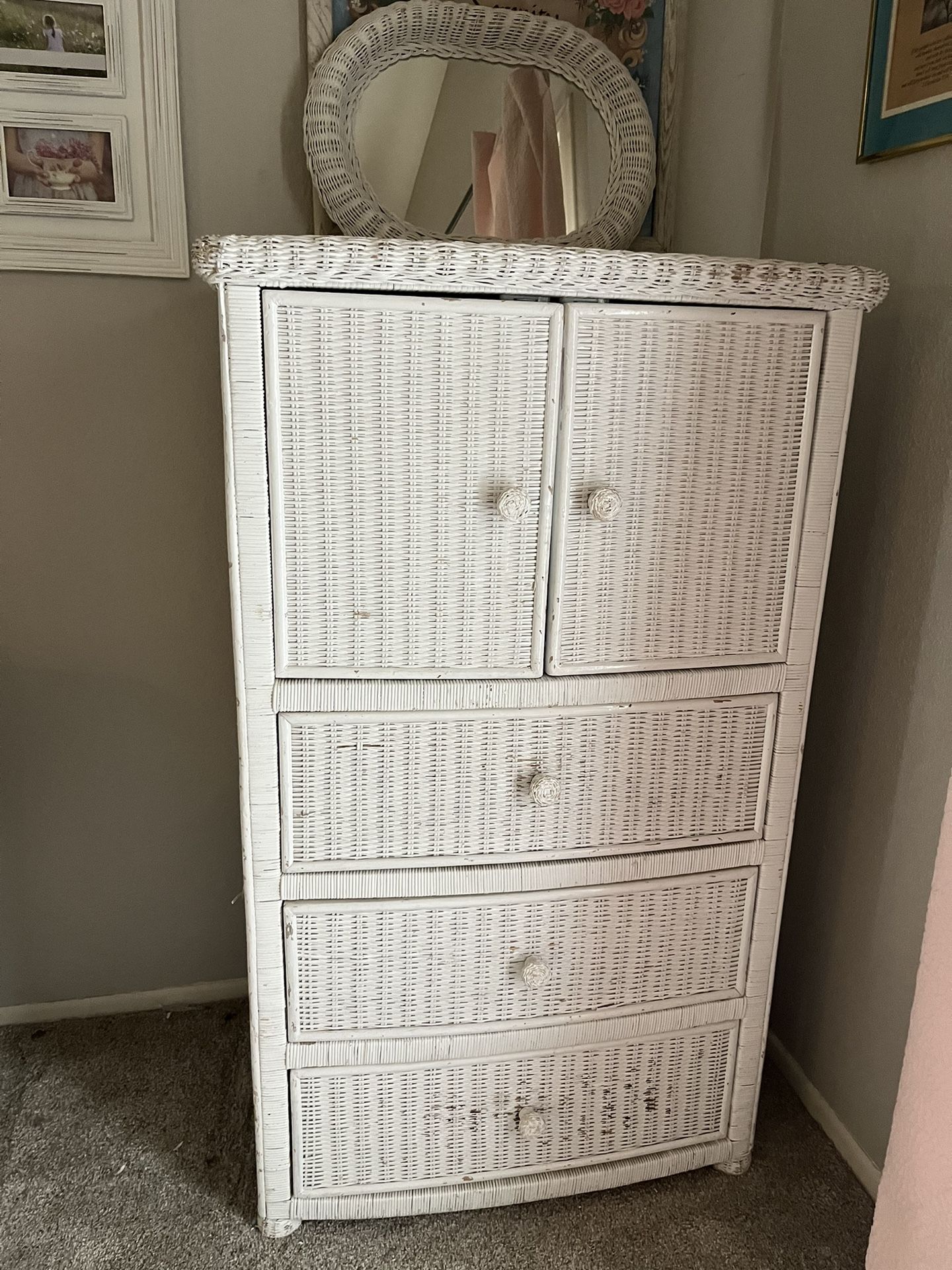 White Wicker armoire/ Dresser & Mirror