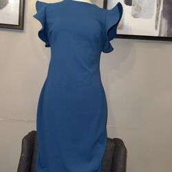 Calvin Klein Blue Sheath Dress — Ruffle Sleeves, Size 4